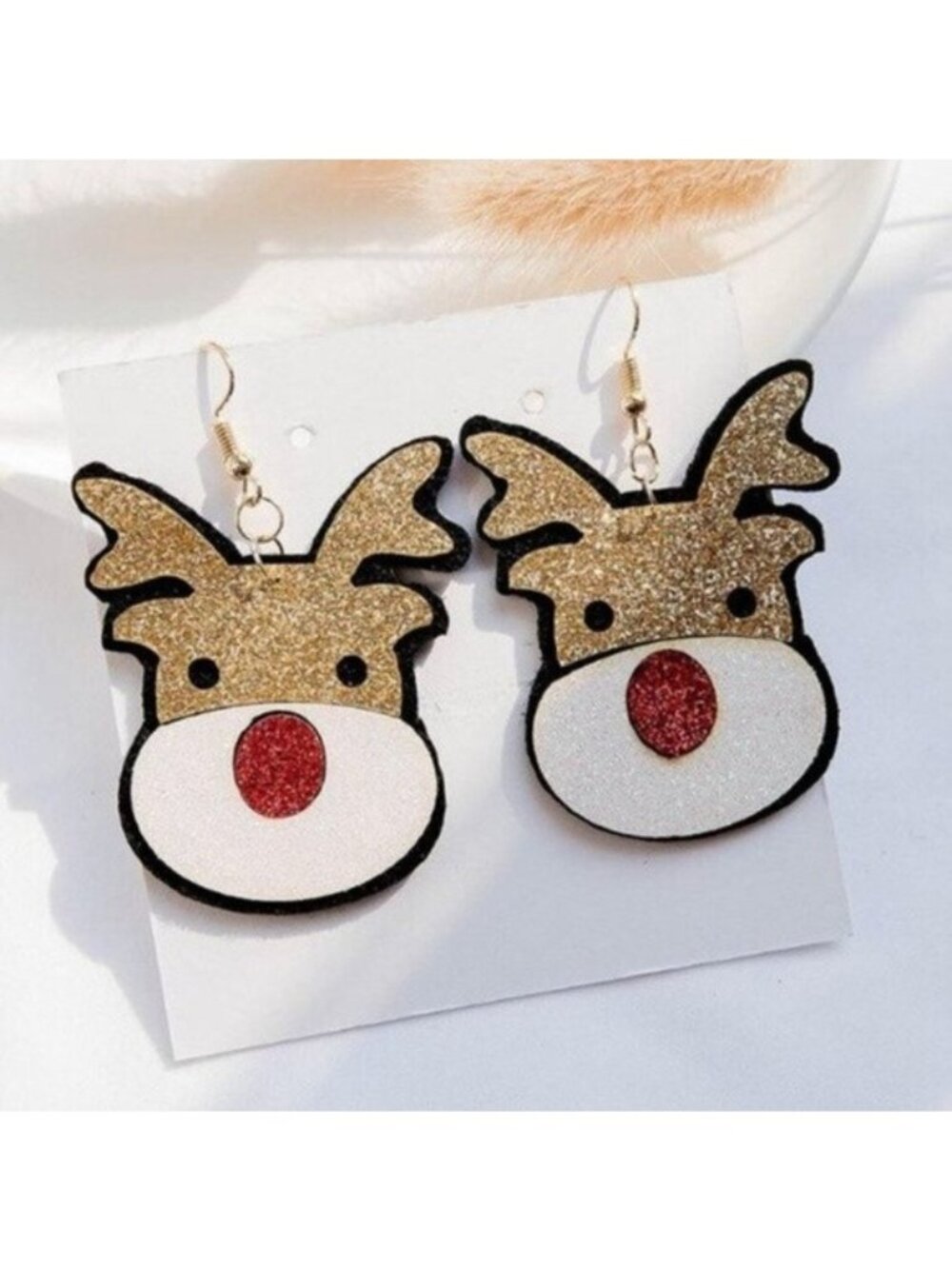 Gold Reindeer Christmas Glitter Large Dangle Earrings